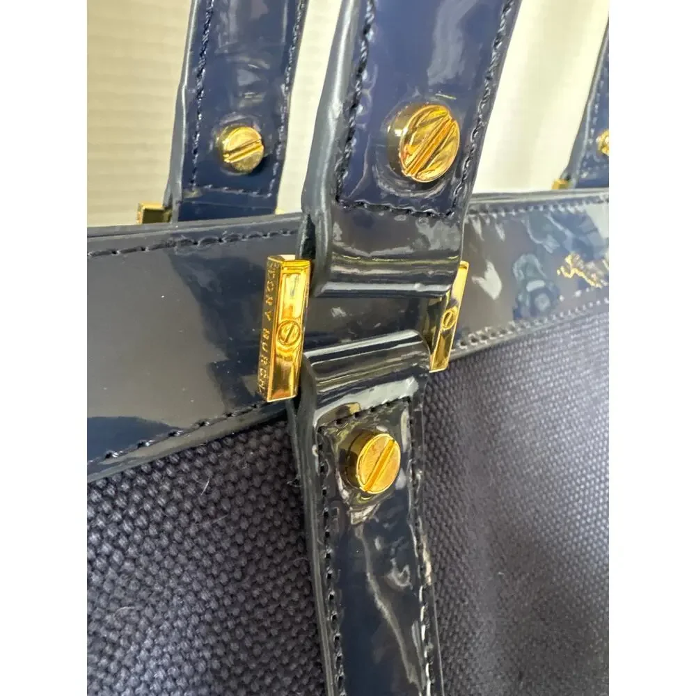 Tory Burch Canvas Jane Tote navy patient leather Shoulder Bag